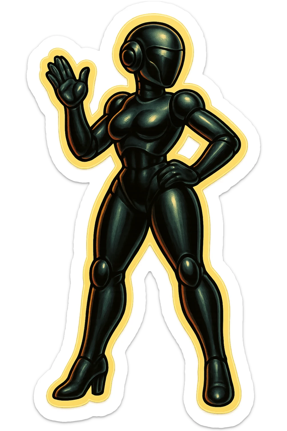Combine the slim, sleek black female robot with the pose and proportions of the green cartoon robot, but give her a powerful, confident, and commanding pose (not friendly), in retro sticker style with bold outlines and a transparent background. sticker
