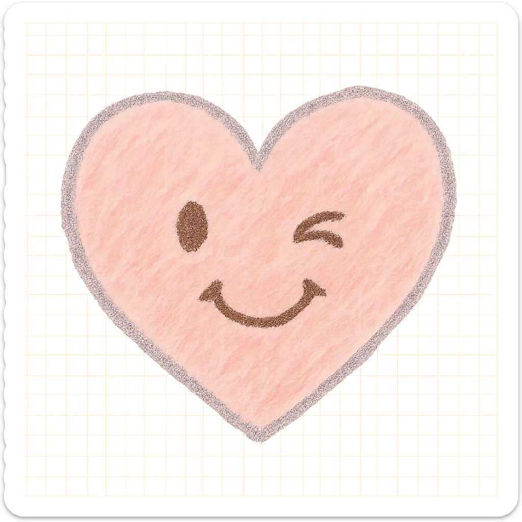 funny children's drawing of a heart with a winking face, pastel colors sticker