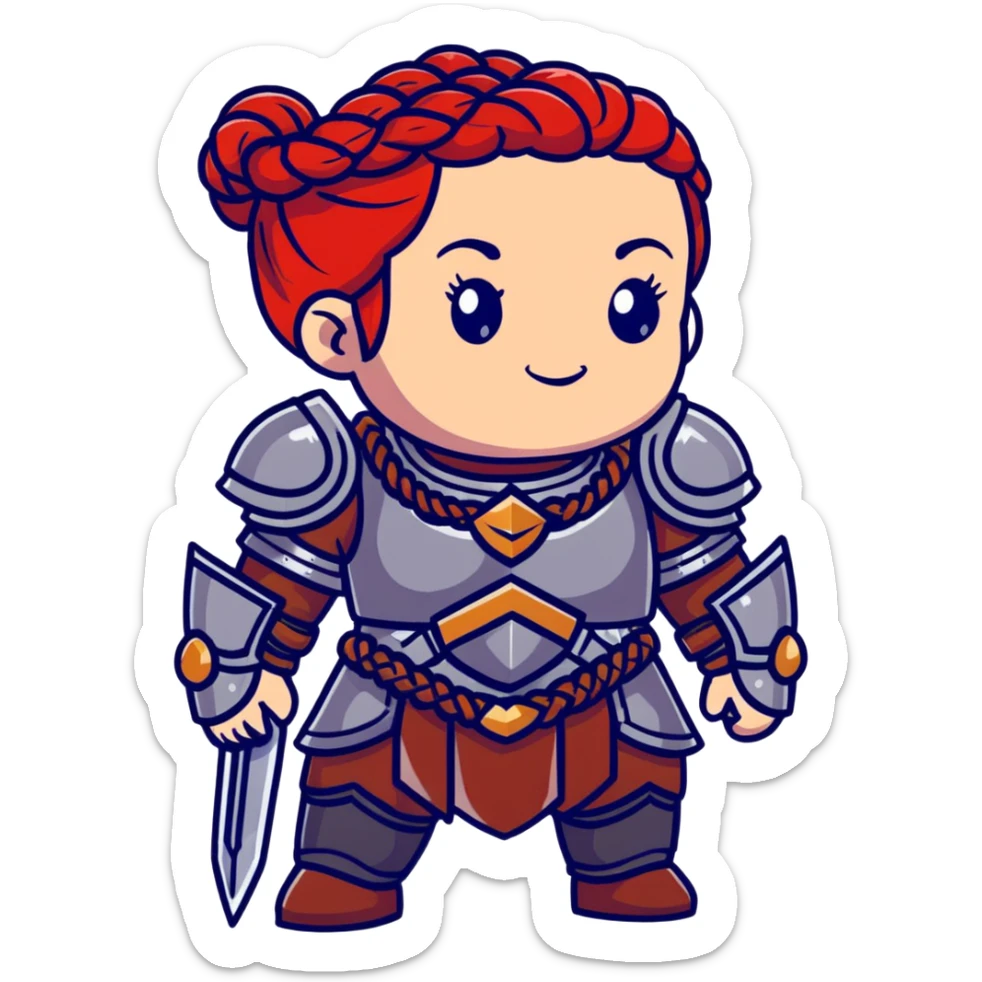 female dwarf from Lineage 2 with braided red hair, stocky build, wearing fantasy armor and jewelry sticker