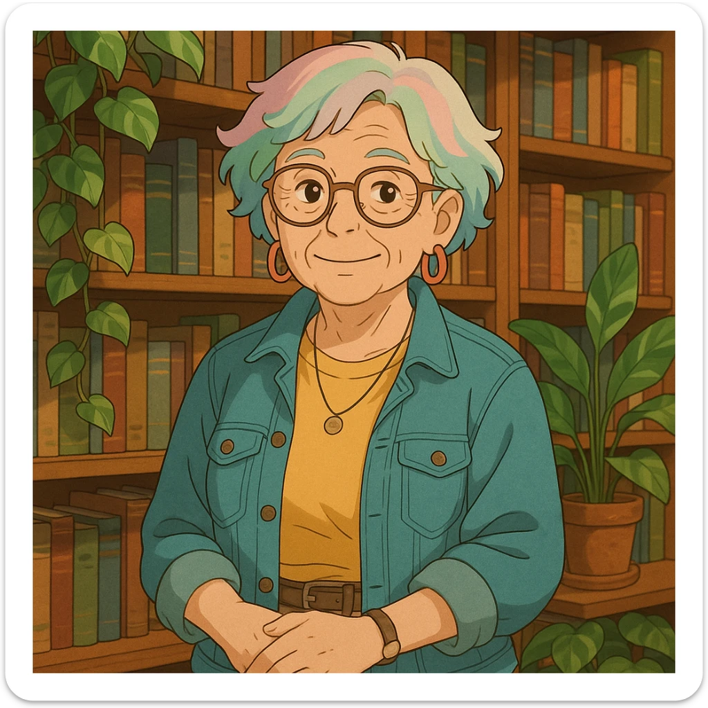 Gen Z librarian granny with pastel hair, hip clothing, surrounded by books and plants, warm expression, ghibli style sticker