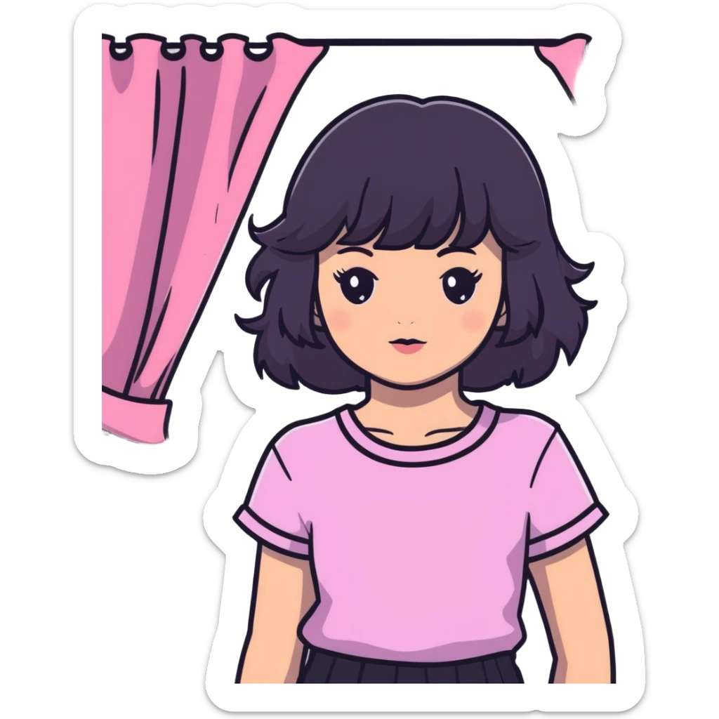 White girl with chest length black wavy hair with curtain bangs, gray eyes, wearing a pink top sticker