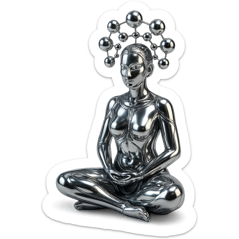 stylized chrome statue of a woman meditating, with a network of chrome orbs suspended above her, futuristic and polished sticker
