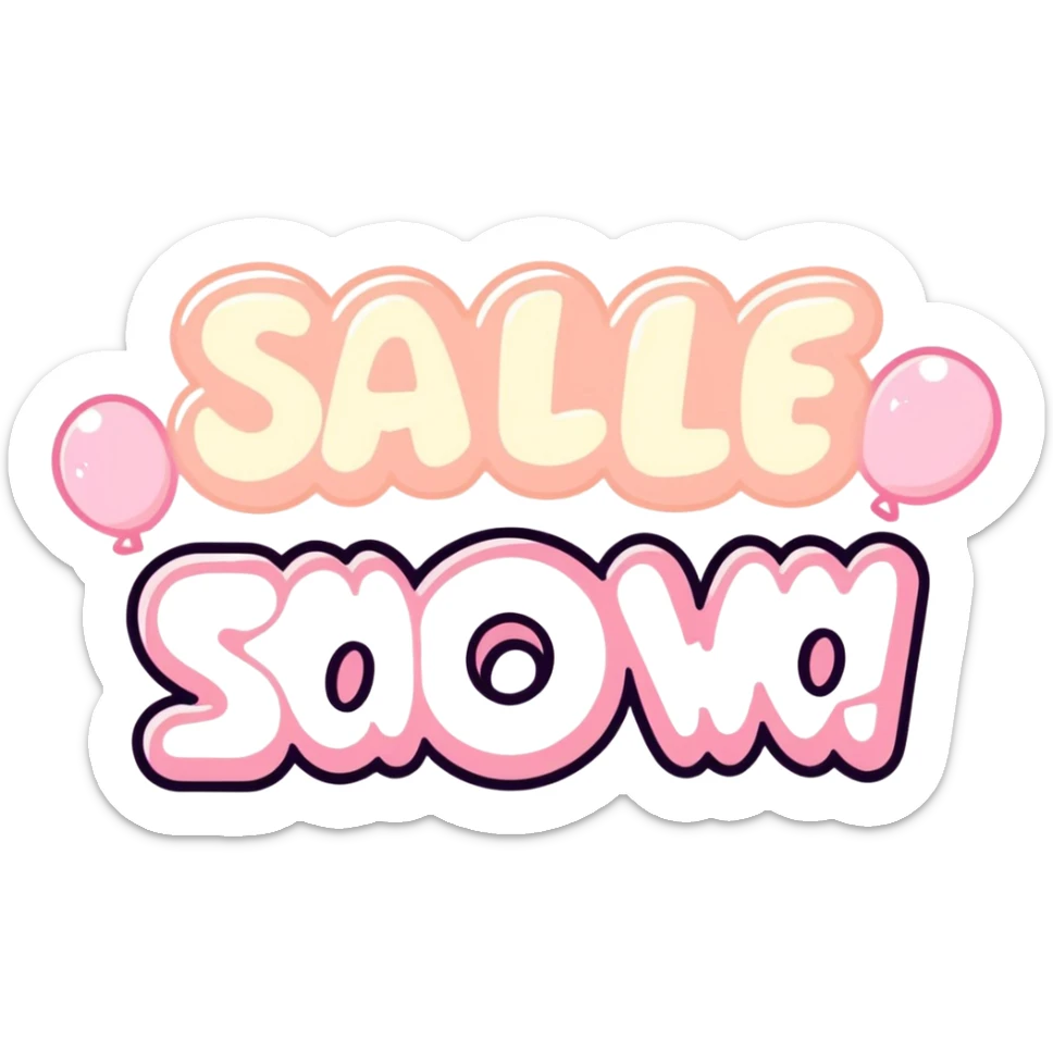 kawaii hand-drawn typography saying 'Sale Now!' with pastel pink and cream gradient bubble lettering, soft white outline, cute sparkles around the text, transparent background sticker