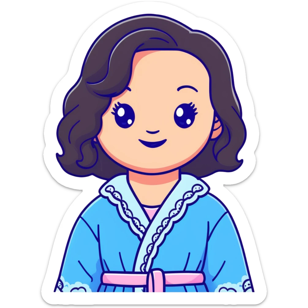 a girl with dark brown wavy hair just below her shoulders, with blue eyes, full lips, pink cheeks, plump skin, in a lace blue robe with a smile. sticker
