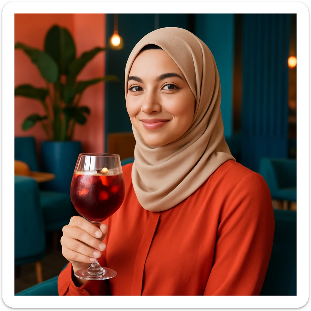 A woman with a hijab holding a glass of sangria sticker