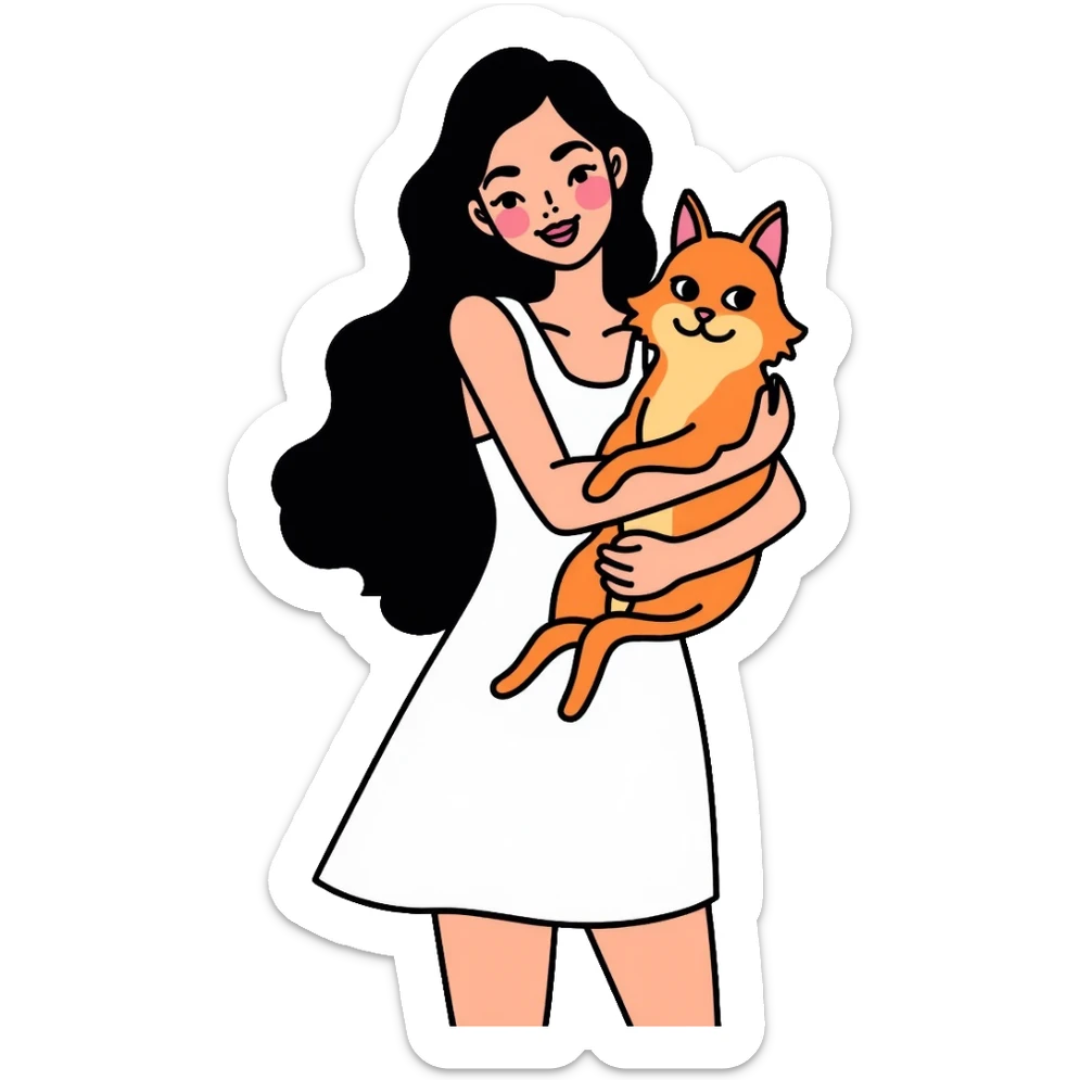 beautiful girl with long black hair wearing a white dress holding an Abyssinian cat with reddish-brown fur in her arms sticker