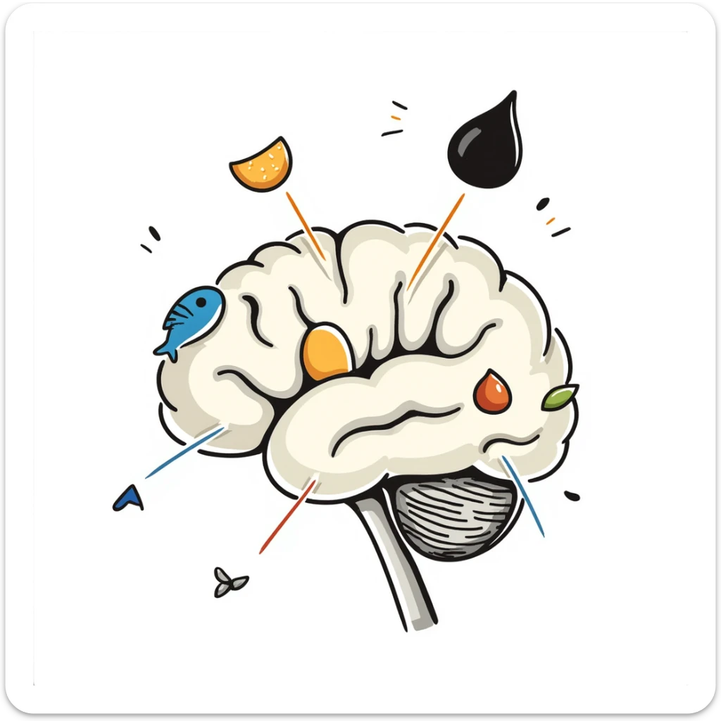 A crystalline brain with pieces of blue fish, egg yolk and fermented soy floating in a spiral around it. Thin light beams connect these foods to bright points on the brain, dissipating mental fog and creating clarity. sticker