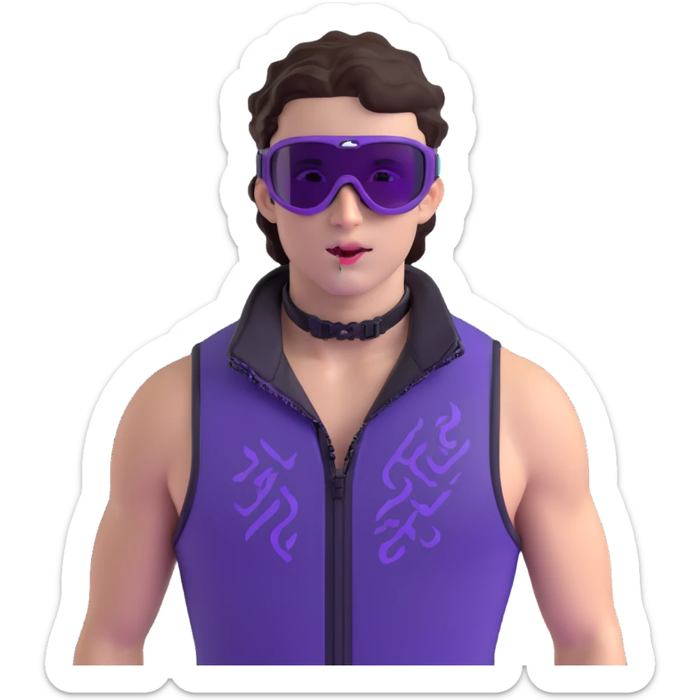 close-up of bad guy male athlete with white skin and moderately curly dark brown hair on top with shaved sides, wearing ski goggles with purple frames and very dark black lenses, a simple plain black chain necklace, and a completely unzipped sleeveless vest with purple and black sequin fire pattern design with no logo, with an extremely arrogant expression sticking his tongue out mockingly, looking menacing and villainous sticker
