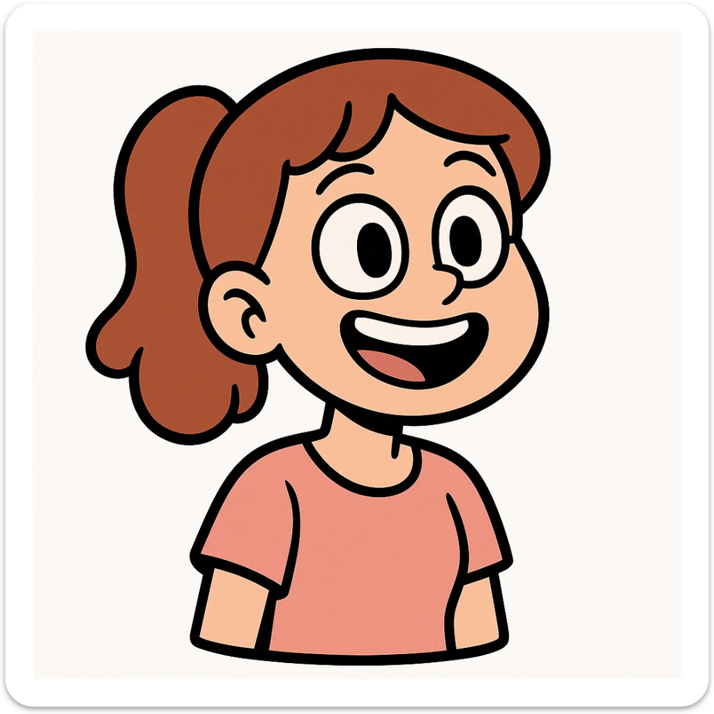 sticker illustration of a happy girl with expressive eyes, simplified features, consistent character design, drawn in flat vector art style with clean black outlines and soft pastel colors, white background, cartoon style matching the sticker reference sticker
