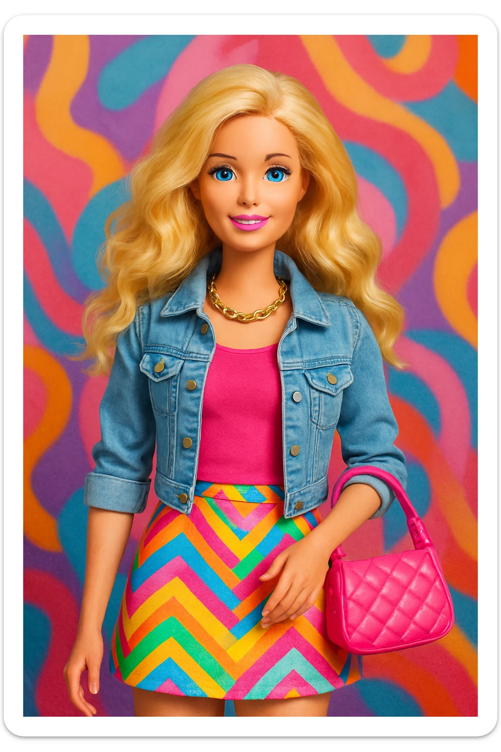 Barbie with wavy blonde hair, trendy outfit, holding a purse, friendly expression sticker