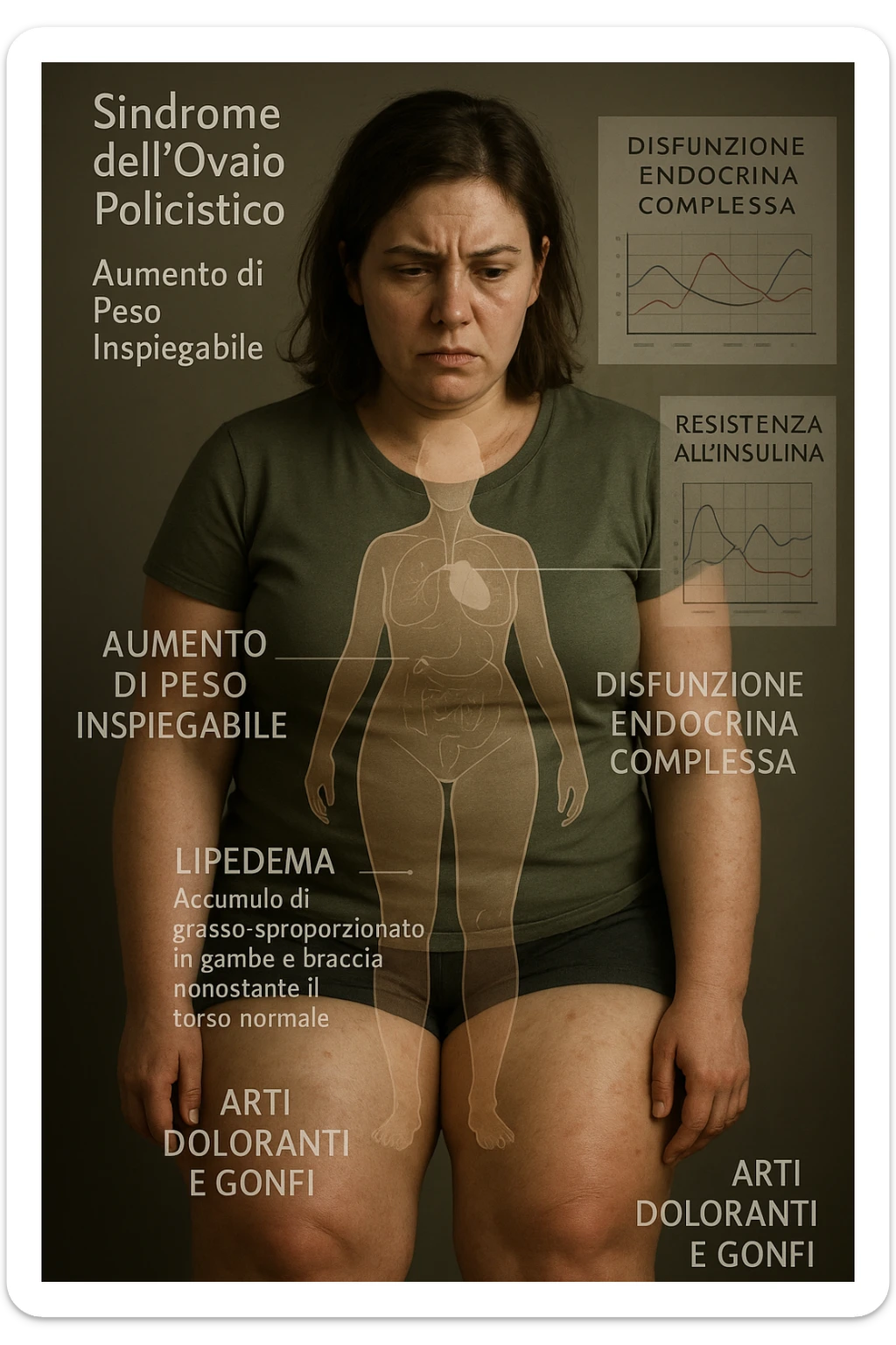 cinematic realistic Woman with PCOS struggling with hormonal chaos, transparent overlay showing elevated androgens and insulin resistance affecting her body, lipedema causing disproportionate fat accumulation in legs and arms despite normal torso, expression of frustration with unexplained weight gain, medical charts showing complex endocrine dysfunction, painful swollen limbs contrasting with metabolic confusion scrivi i testi in italiano sticker