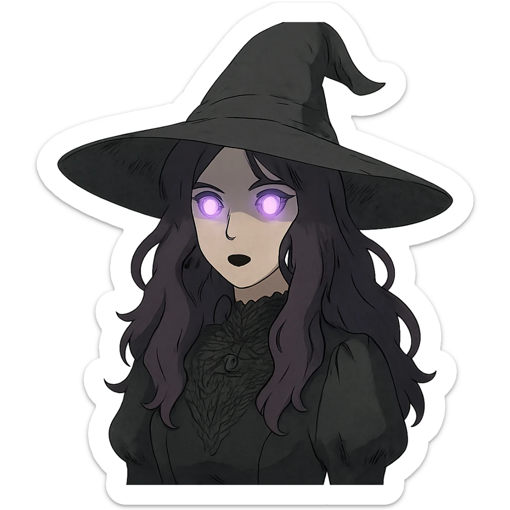 gothic woman with purple hair, witchy touch, wearing a witch hat and glowing eyes, ghibli style sticker