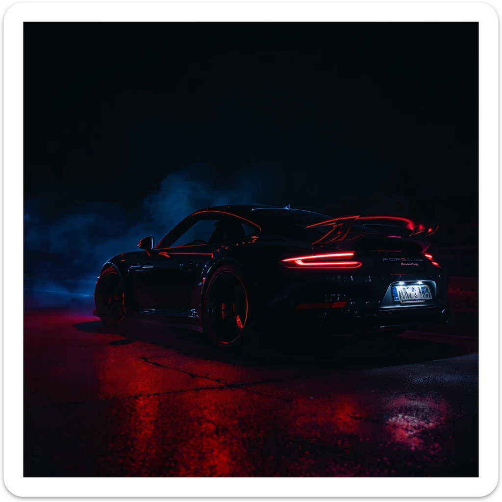Cinematic still of a porsche 911, night photo, red lights and blue bright night  sticker