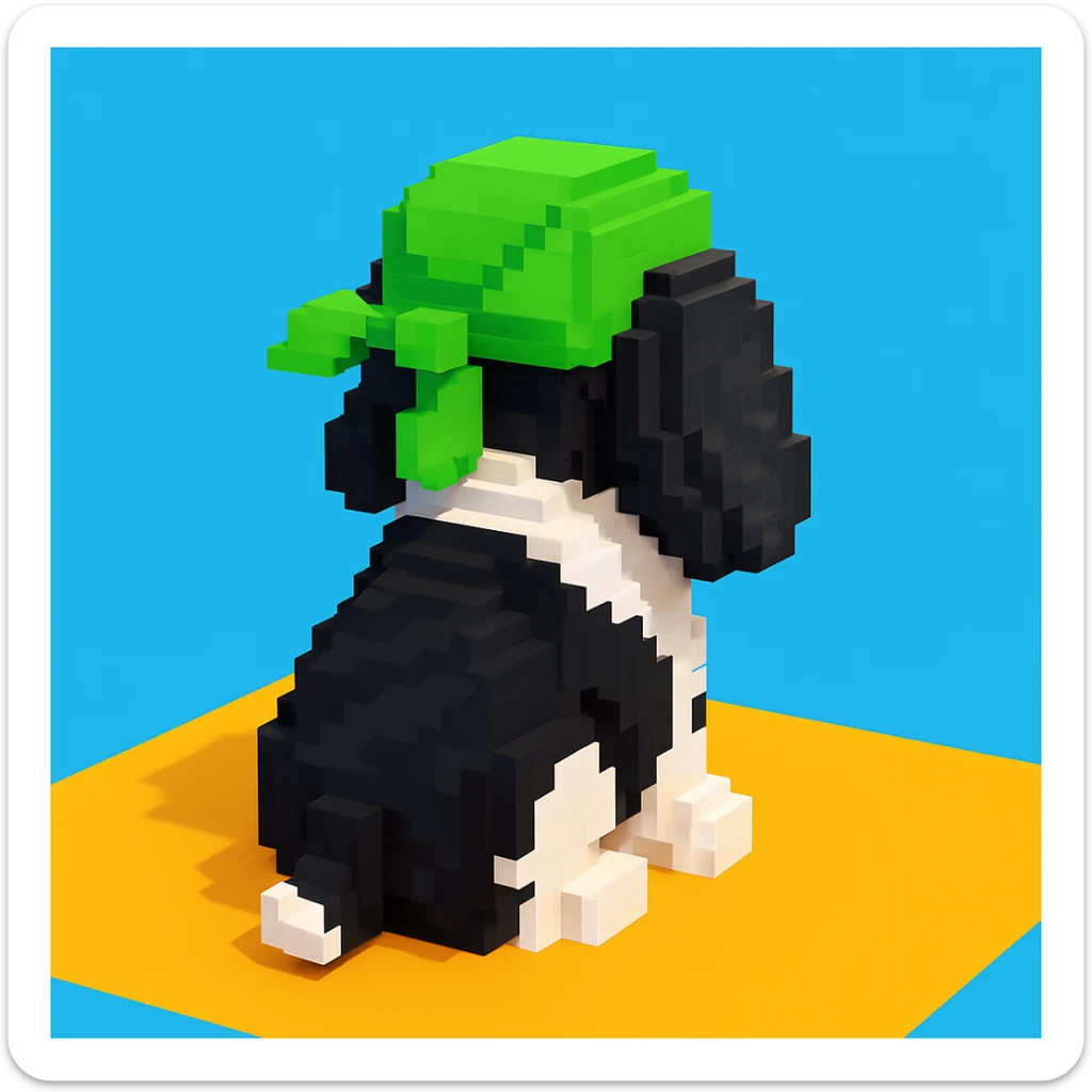 A black and white Russian Cocker Spaniel puppy wearing a green durag, voxel style, sitting, facing backward sticker