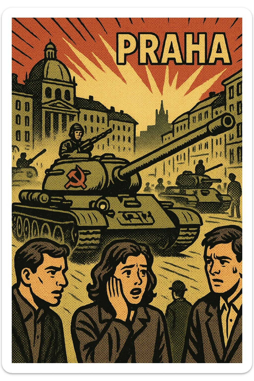 Soviet tanks with the communist party logo on the side entering the city of Prague in 1968 with people standing around watching and worried sticker