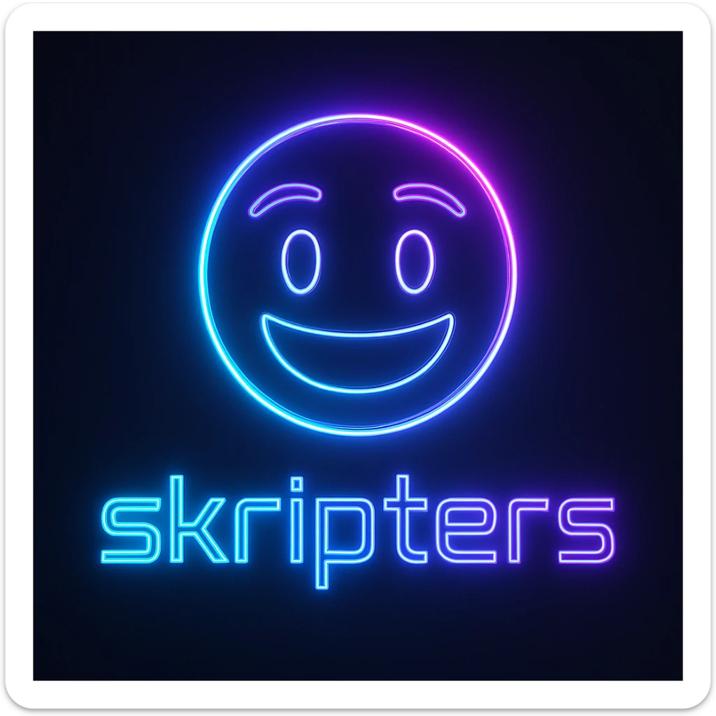 sleek neon-themed emoji logo with the word 'skripters' in a futuristic font, glowing with blue and purple hues sticker