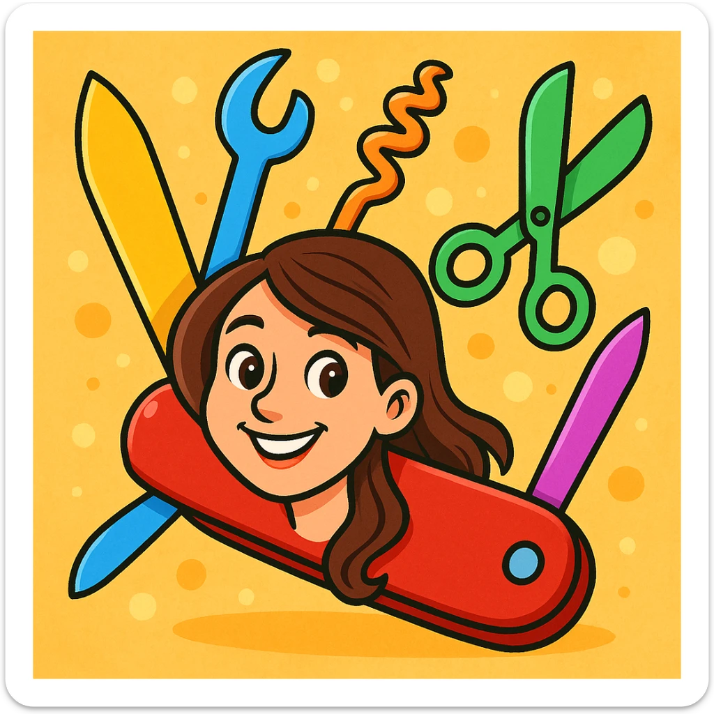 a playful and colorful cartoonish swiss army knife with a brunette woman with light brown eyes sticker