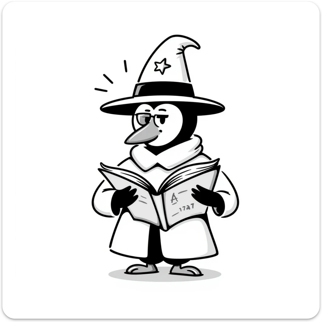 hand-drawn doodle of a penguin wizard with big hat and book of spells sticker
