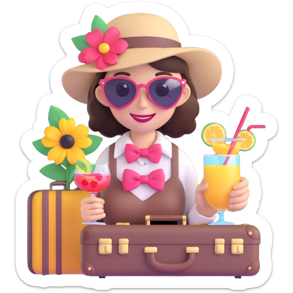 3D emoji of a smiling, feminine face with big eyelashes, no body, colorful and friendly, romantic style, with feminine accessories like bow, sunglasses, hat, cocktail, camera, suitcase, flower, heart, star, motif: heart, transparent background sticker