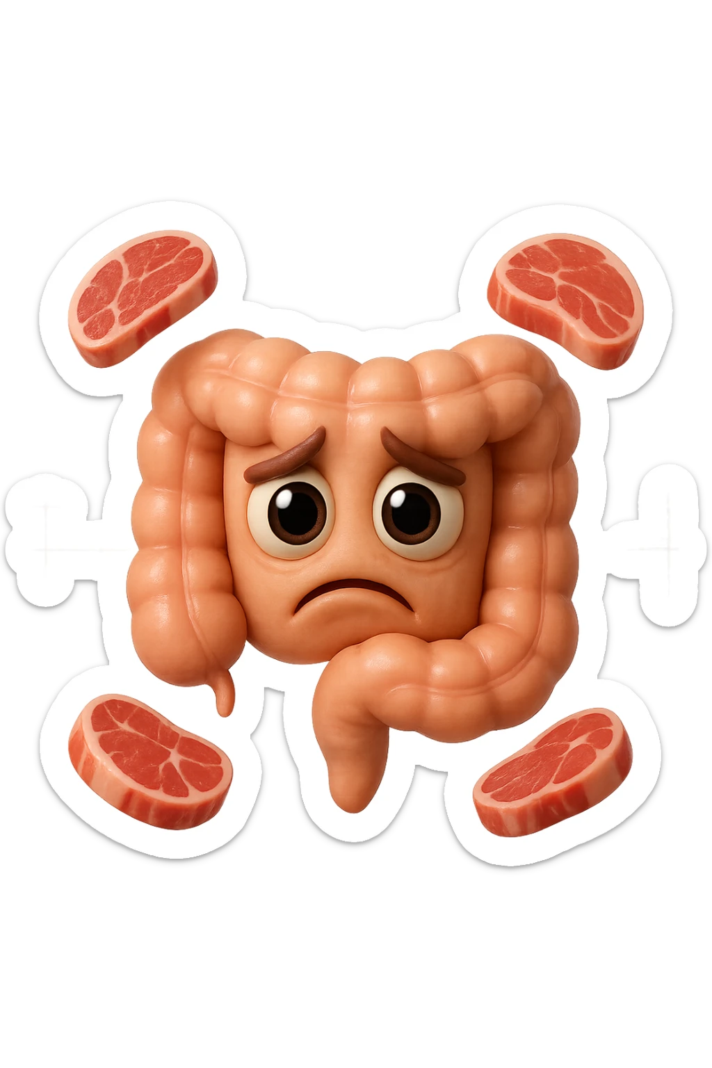 emoji stile iphone in 3d di un intestino triste con fette di carne che gli fluttuano intorno, gli occhi falli con la parte bianca pure, iperrealistico 4k sticker