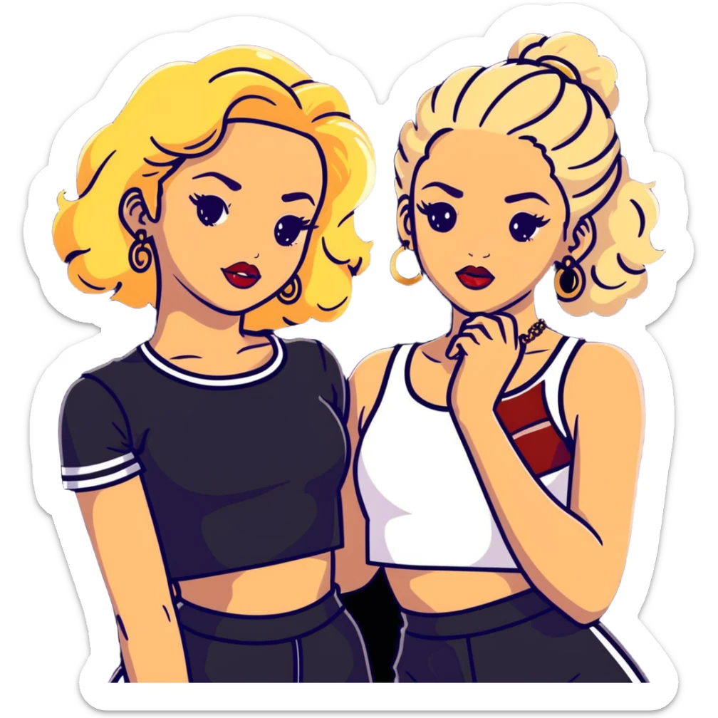 Two teenage girls together, one white with blonde hair and one brown-skinned with curly dark hair, both with heavy makeup, big lips, crop tops, gold jewelry and flashy choni style outfits sticker