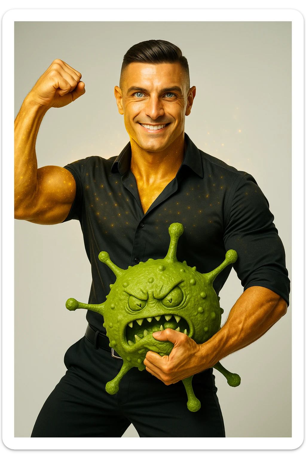 Un uomo atletico (30-40 anni) dalla pelle perfettamente liscia, senza cicatrici o imperfezioni, che emana un leggero bagliore dorato (metafora degli anticorpi).
Occhi brillanti con riflessi blu-verdi (simbolo di salute estrema).
Postura eroica, con un braccio sollevato in un gesto di forza, mentre con l'altro tiene un batterio gigante schiacciato come se fosse un mostro sconfitto. sticker