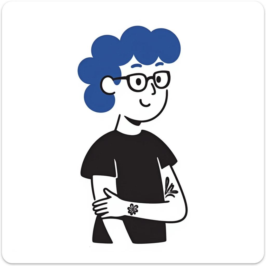 person with blue hair, glasses, and a visible tattoo, hand drawn doodle style sticker