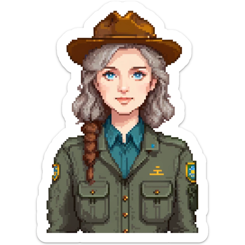 white woman park ranger with brown and gray hair and blue eyes sticker