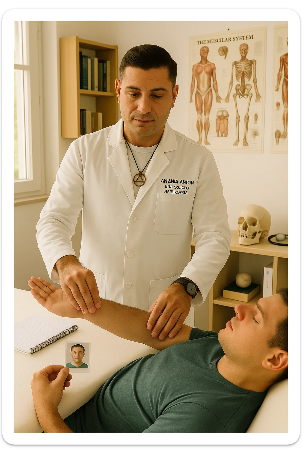 a middle-aged man, dressed in casual professional attire, is in a bright, organized therapy studio. Durante una visita di kinesiologia, il praticante tiene con una mano la foto di una persona lontana (il “testimone”) appoggiata su un tavolo, mentre con l’altra mano esegue un test muscolare su un cliente presente. Sullo sfondo si vedono libri di kinesiologia, poster anatomici e strumenti tipici della disciplina. L’atmosfera è concentrata e serena, con luce naturale che entra dalla finestra, sottolineando l’aspetto alternativo e umano della pratica. sticker