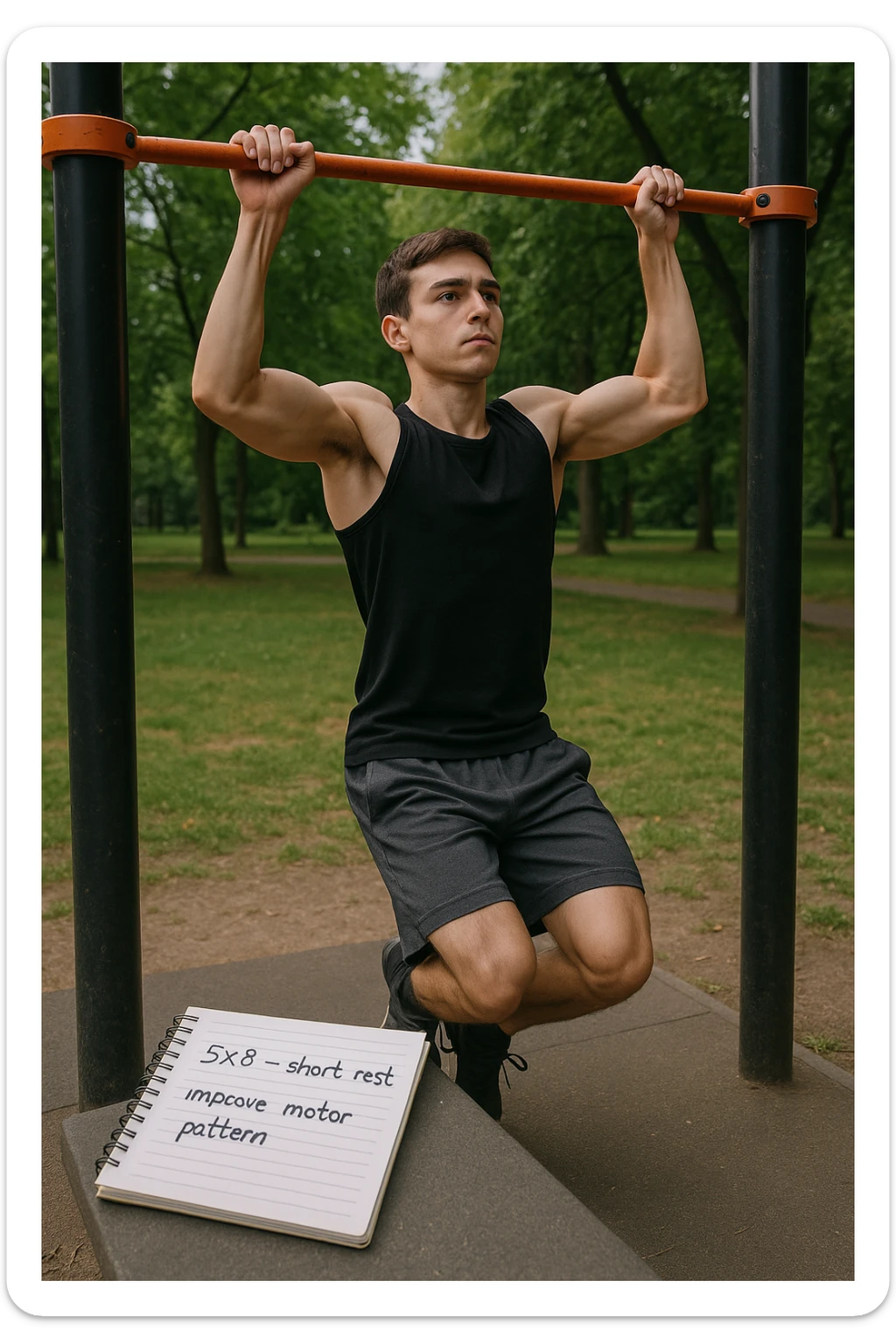 Giovane principiante dello streetlifting in un parco, fisico ancora asciutto, esegue lunghe serie di trazioni senza peso, con tecnica controllata. A terra, un taccuino con scritto '5x8 - riposo breve - migliorare schema motorio'. Espressione concentrata. Luce naturale, atmosfera educativa, senso di costruzione progressiva. sticker