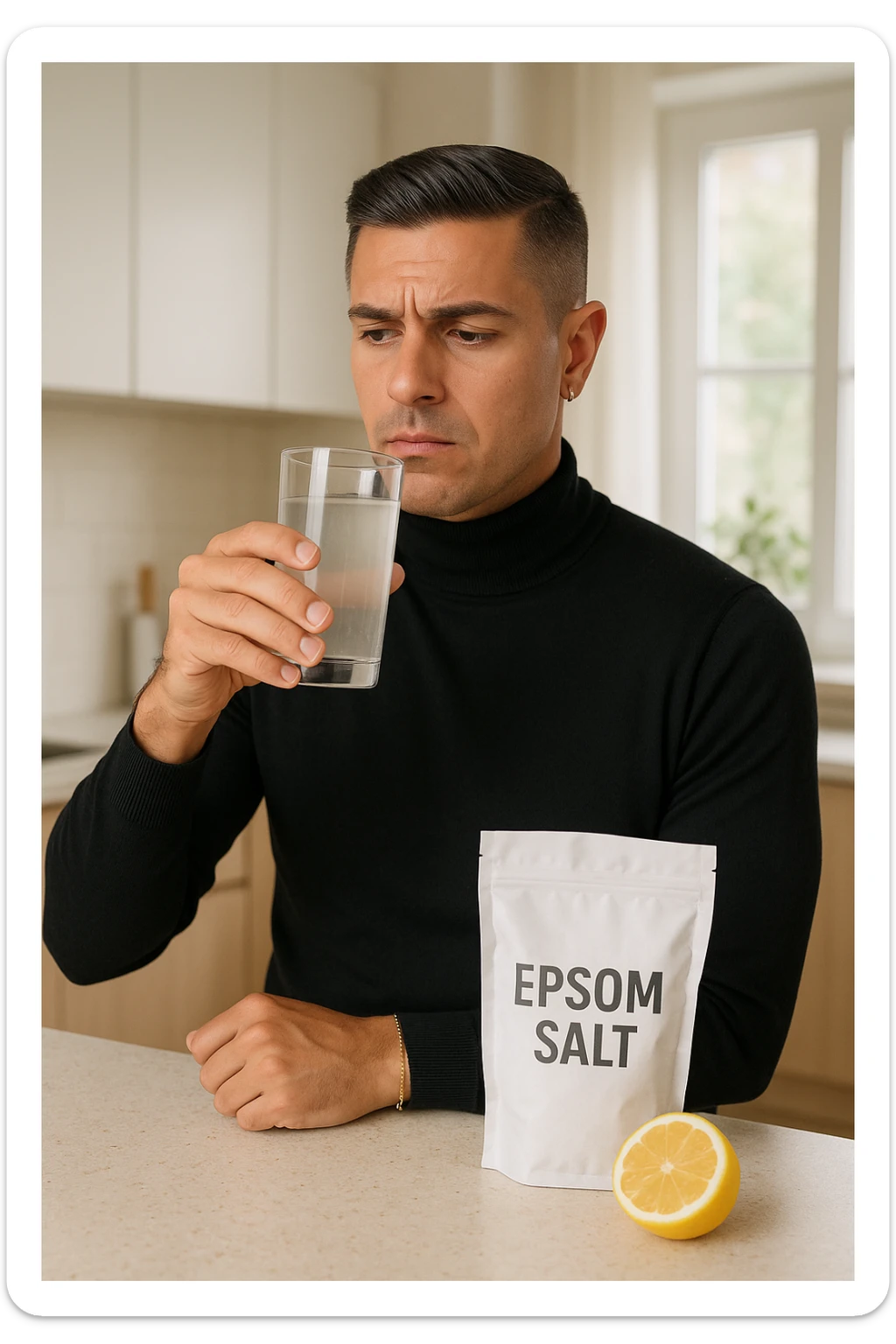 A realistic, bright photo-style image of a young man in his 30s standing in his kitchen, holding a clear glass filled with water in which Epsom salt (magnesium sulfate) has been dissolved. He looks focused but slightly uncertain as he prepares to drink it for a liver flush or digestive cleanse. The glass shows slight cloudiness from the dissolved salt. On the counter are a packet labeled 'Epsom Salt' and a sliced lemon, suggesting he might use it to mask the taste. The setting is clean, natural, and bright with neutral tones. The background shows sunlight streaming through a window, emphasizing a clean, minimalist health-focused environment. The mood conveys a realistic, calm moment of self-care with a hint of discomfort, illustrating a natural detox practice sticker
