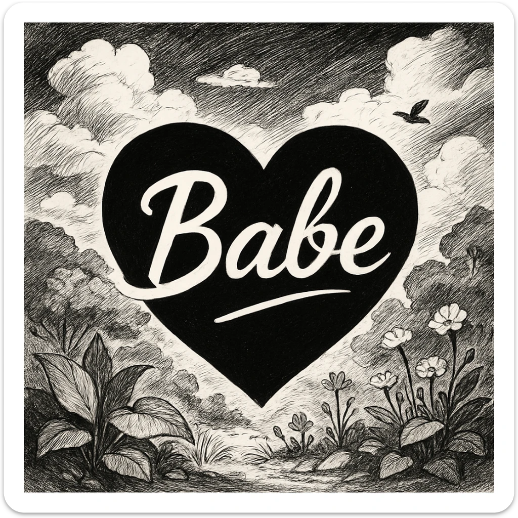 the word 'Babe' in white handwriting across a black heart, ghibli style, high contrast sticker