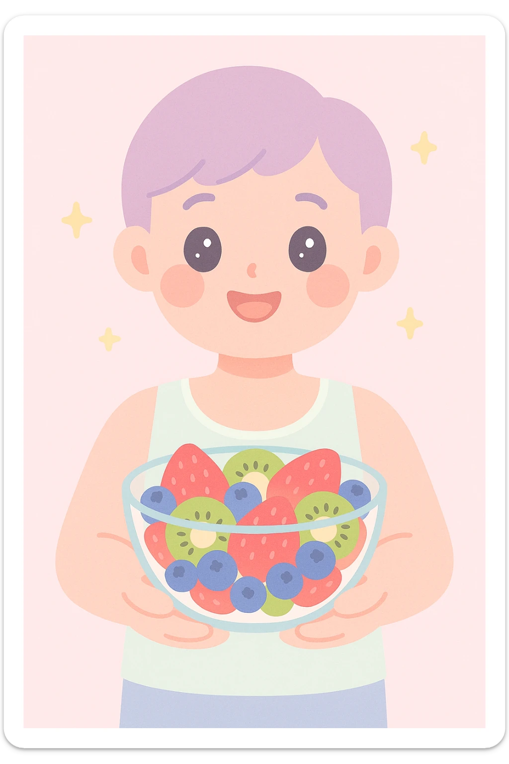 A cheerful person holding a glass bowl of colorful fruit salad, with vibrant pieces of strawberries, kiwis, and blueberries visible. The person is wearing a casual, light-colored tank top, and has a friendly, bright smile as they prepare to take a bite with a spoon. sticker