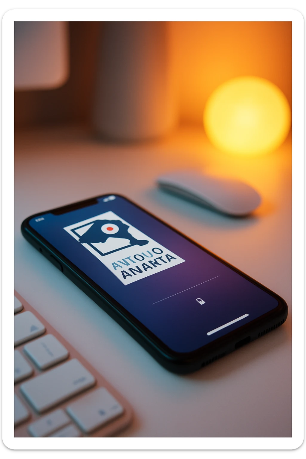 A photo of an iPhone on the desk with the message "Antonio Anania" on its screen, The phone sits atop a desk with a blurred background that suggests work environment. A faint glow from above casts gentle shadows across the surface of each object, creating depth and highlighting their textures sticker