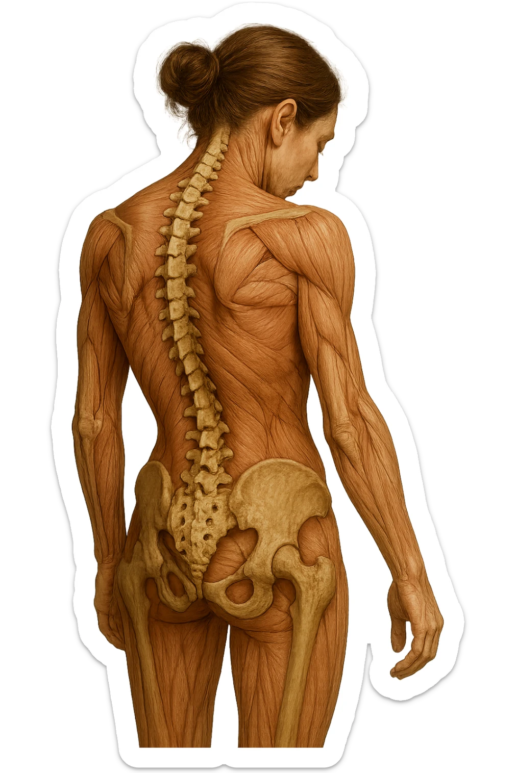 donna di spalle con spina dorsale in evidenza, postura storta, spalle chiuse in avanti, iperrealistica 4k sticker
