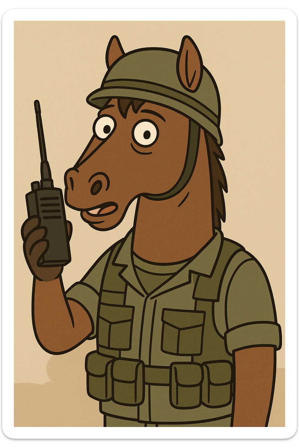 brown horse with an army vibe, cartoon style, holding a walkie-talkie sticker