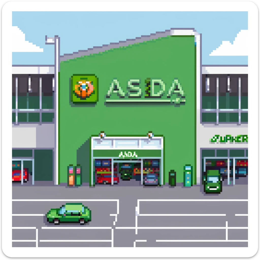 Isometric view of an ASDA supermarket building with green signage, large glass entrance, shopping trolleys bay, and car park with British cars sticker
