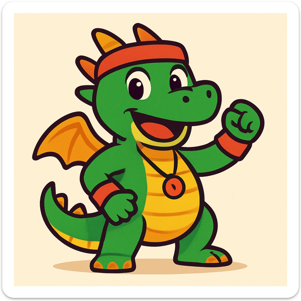 the face of a cute fitness dragon coach, energetic, friendly, cartoon style sticker
