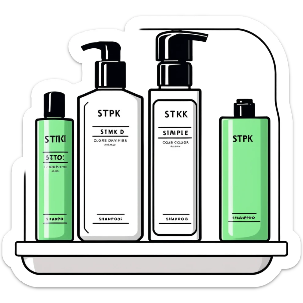 Shampoo bottle, color tube, and conditioner standing on a shelf, products are luxury brand-labeled sticker
