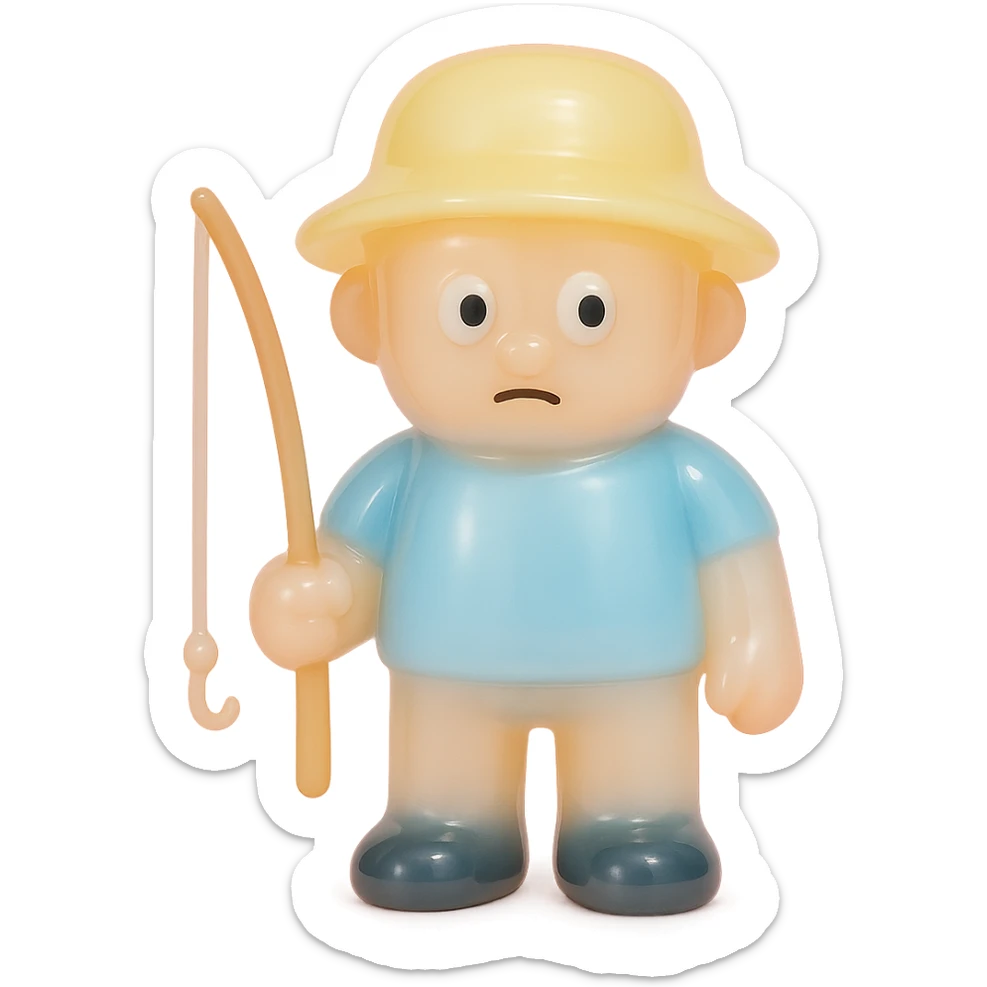 full-body fisherman, retro 90's toy style, very transparent and slightly see-through, natural tan skin, blue shirt, yellow hat, derpy eyes, soft plastic texture, soft reflections, soft and squishy, some cloudiness, not shiny, highly detailed, appealing, no tag, no background, match style and proportions of provided pirate reference sticker