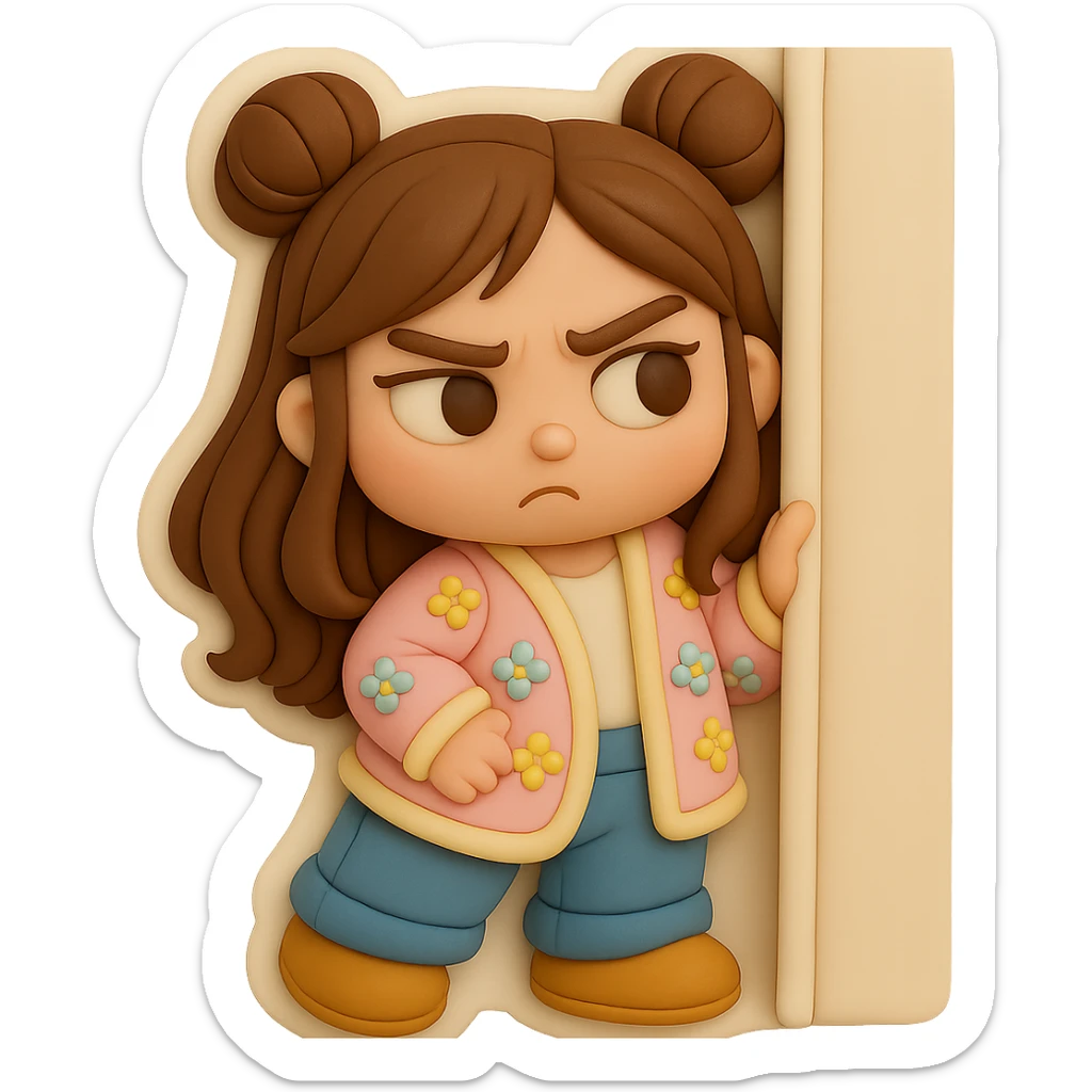 3D chibi fondant cake art style, high-quality rendering with smooth shadows and soft gradients. Girl based on reference image with preserved facial features and eye shape, long brown hair in two space buns, brown eyes, jeans, pastel floral cardigan, shoes, thick white outline like a sticker. Peeking suspiciously from behind a corner. Ensure the face, hairstyle, eye shape, and shoes match the reference exactly. sticker