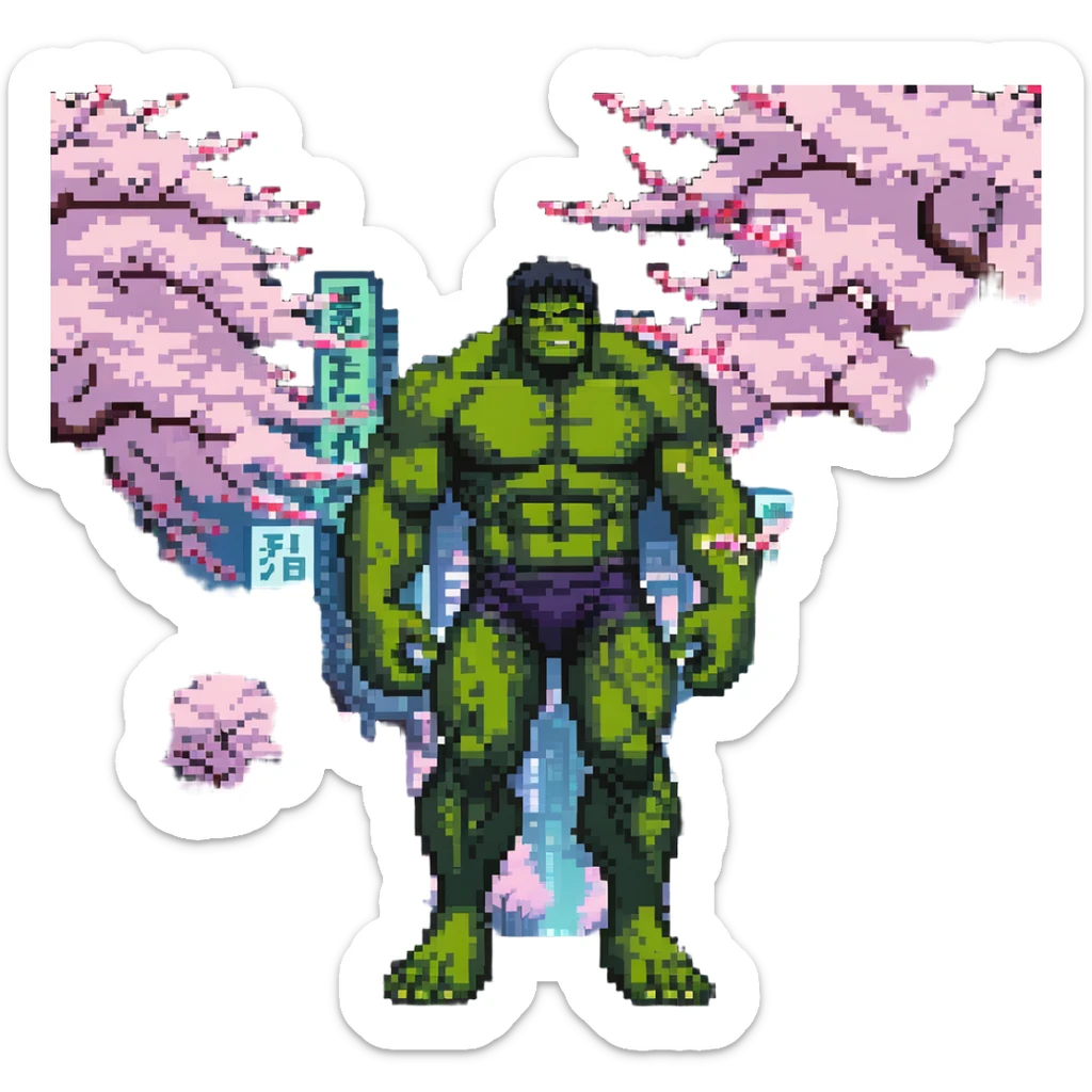 the Hulk standing in a Japanese city with cherry blossoms and neon signs sticker