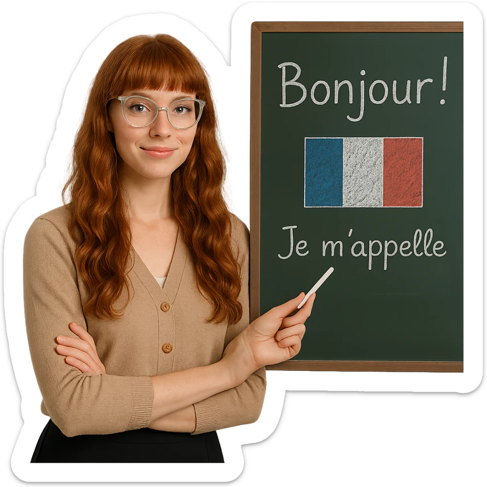 redhead woman, long wavy hair, bangs, cat-eye clear-framed glasses, blue eyes, French teacher, standing by a chalkboard sticker