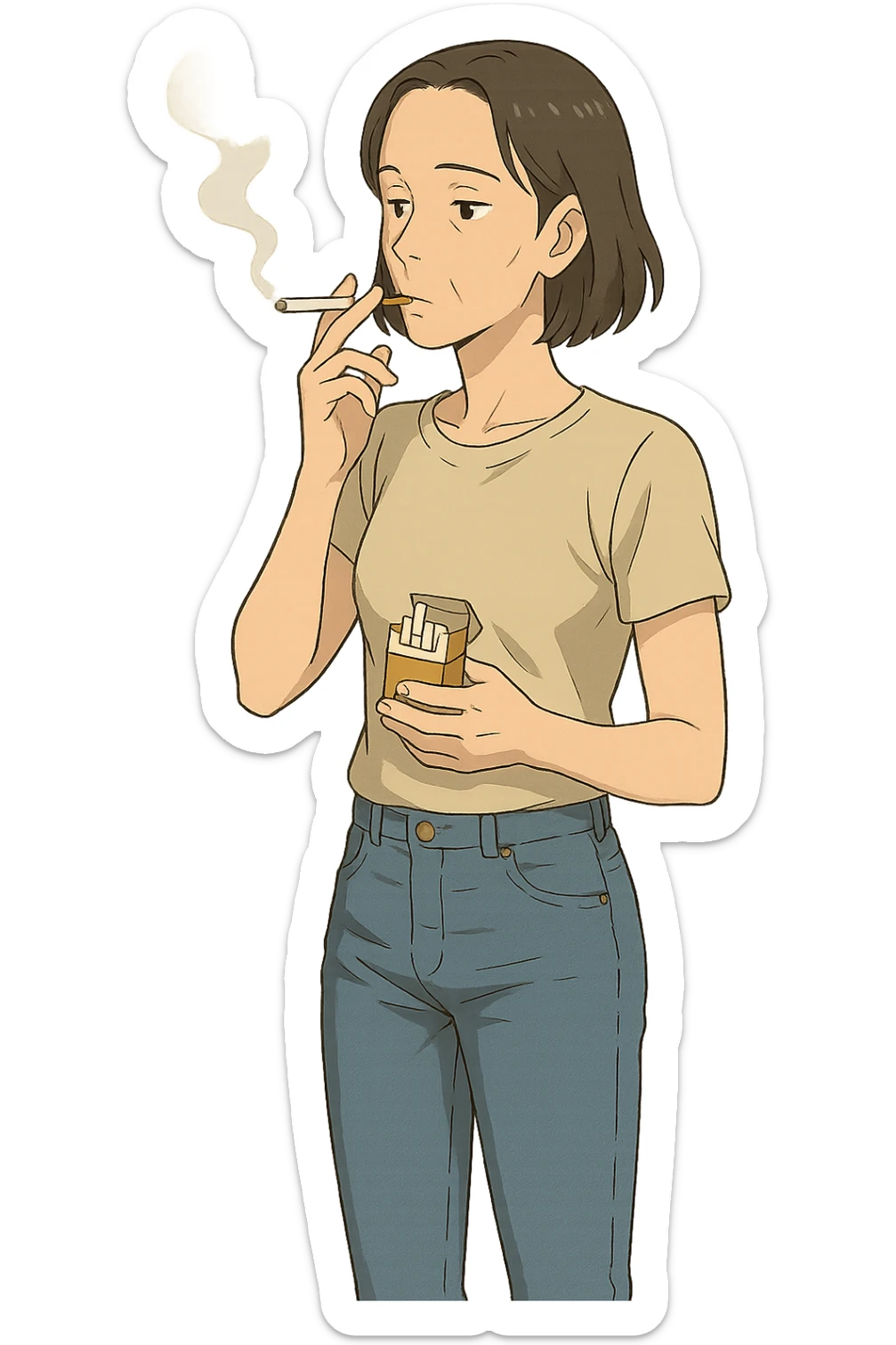 A full body of a slim middle aged woman wearing jeans and a t.shirt holding a packet of cigarettes and smoking sticker