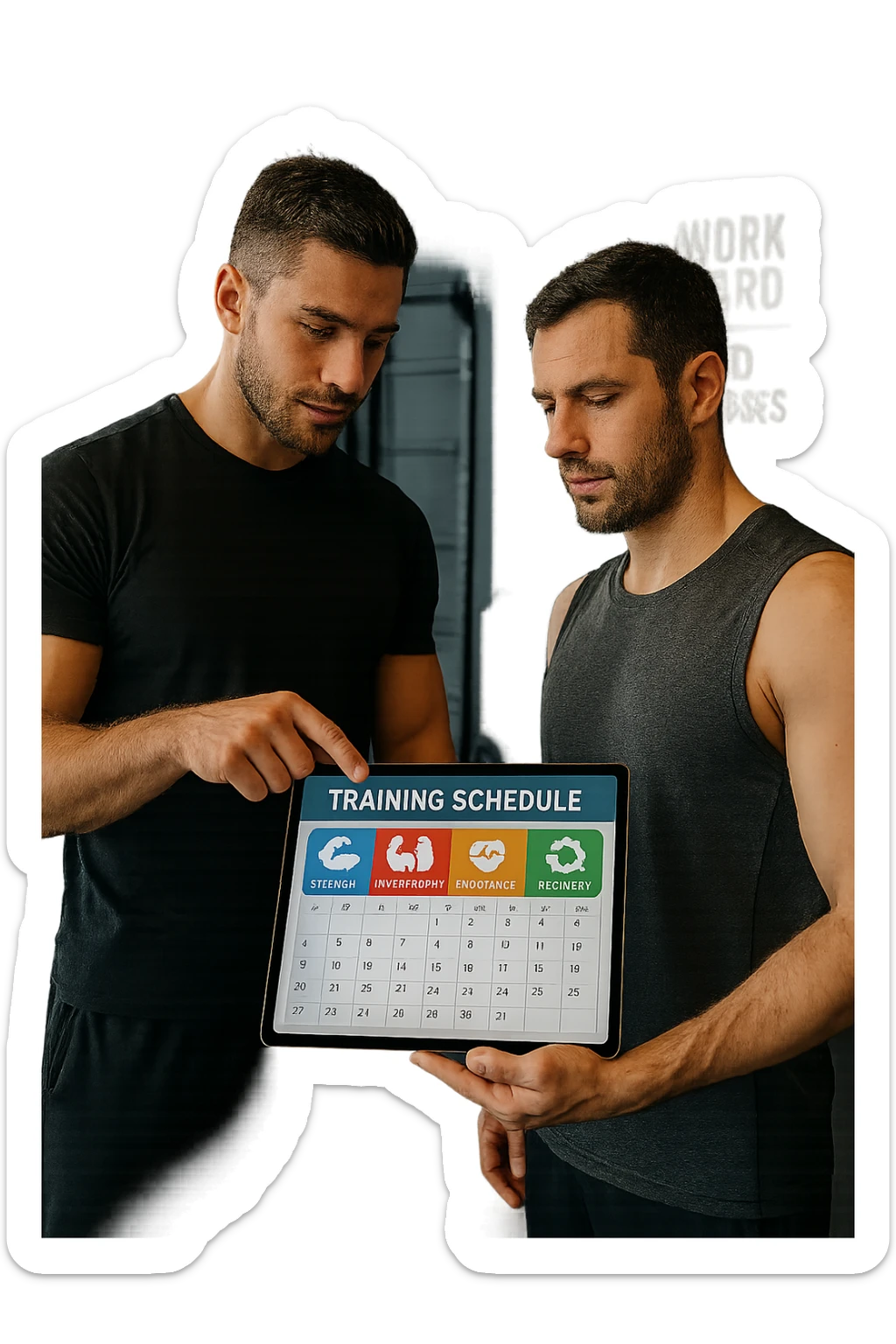 realistic cinematic photo a personal trainer and a client stand in a modern gym, reviewing a large, color-coded training calendar or chart on a tablet. The calendar shows different phases (strength, hypertrophy, endurance, recovery) with icons and dates. Around them, gym equipment and motivational posters reinforce the idea of structured, periodized training. in italiano sticker