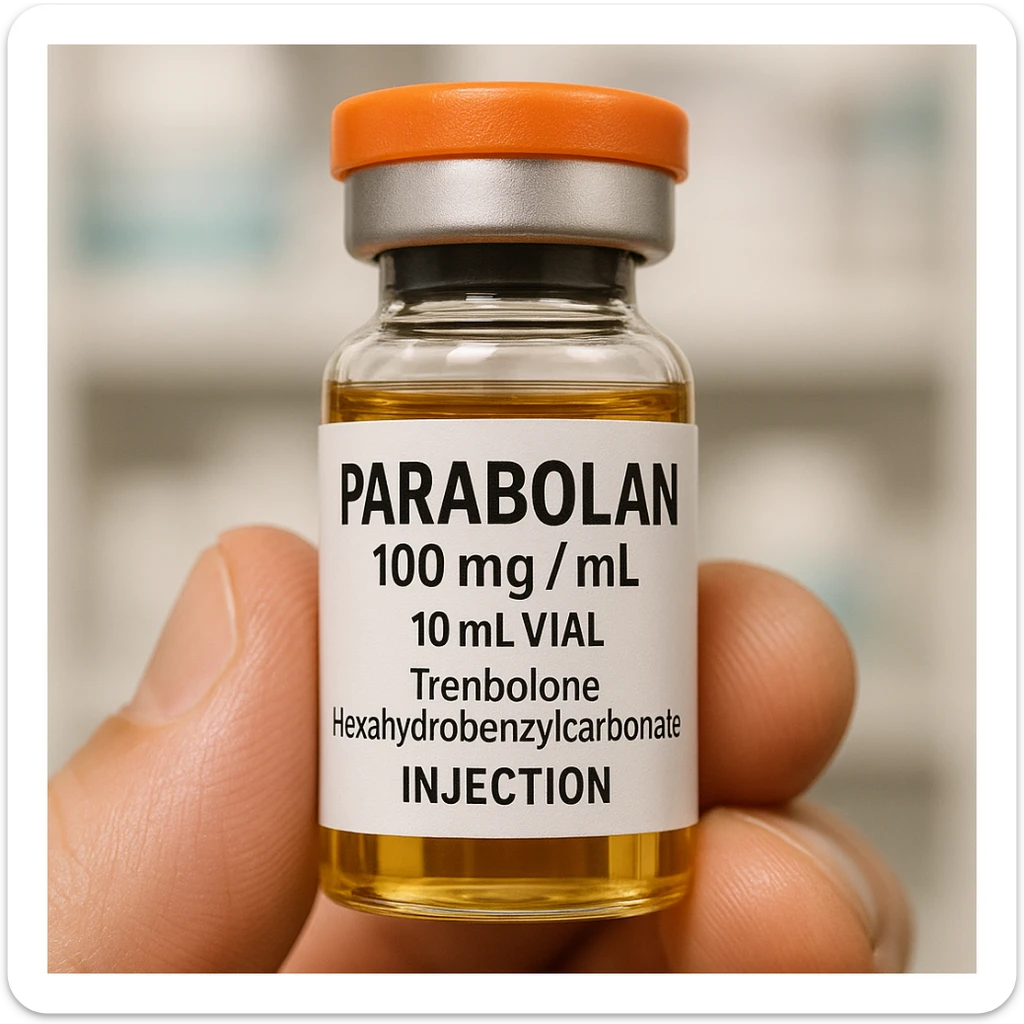 Create a realistic zoomed-in image of the vial with clear details of the vial and the label. The label should have the name 'Parabolan' clearly readable. The background should be neutral or a blurred pharmacy setting. Focus on realism and clarity of the vial and label. sticker
