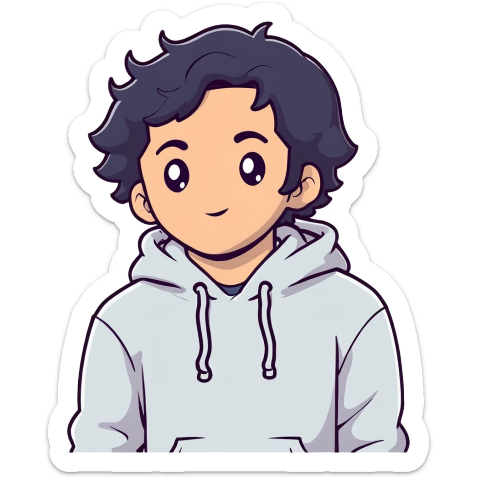 handsome young man with wavy black hair, black eyes, no beard or mustache, wearing a white hoodie, cartoon sticker style sticker