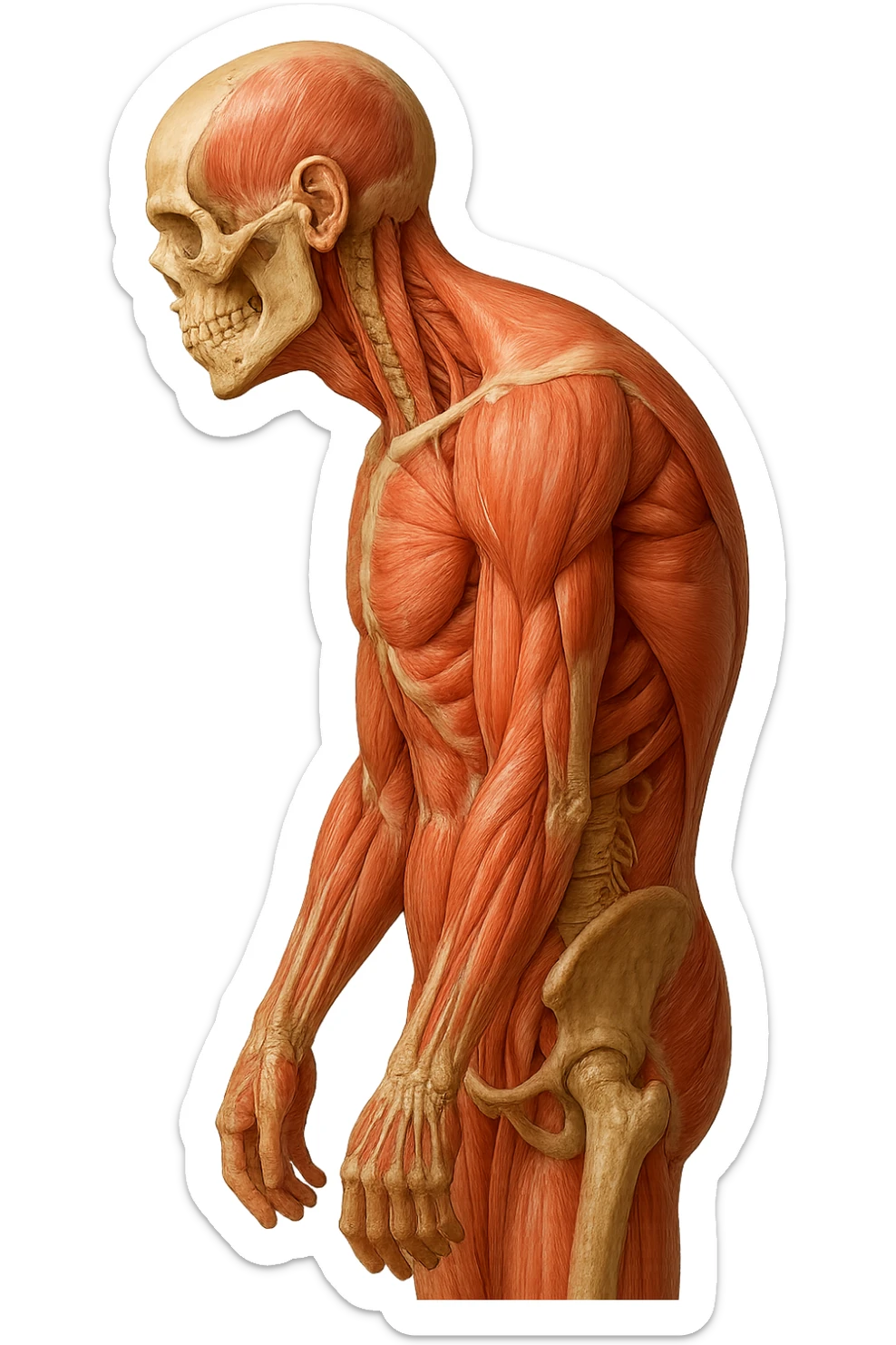 corpo UMANO ANATOMICO di profilo con spalle chiuse in avanti, postura errata, iperrealistico 4k sticker