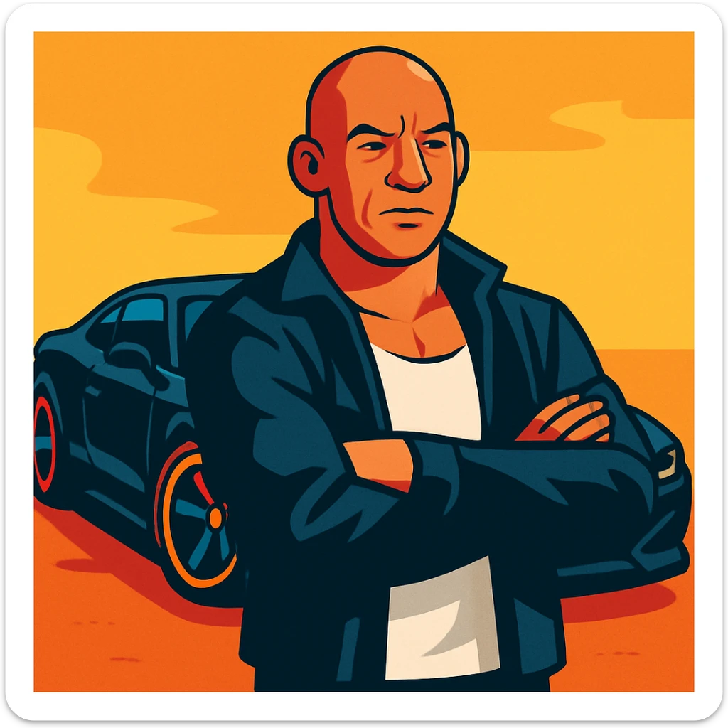 Vin Diesel in a white tank top and black jacket, black sports car behind him, stylized illustration sticker