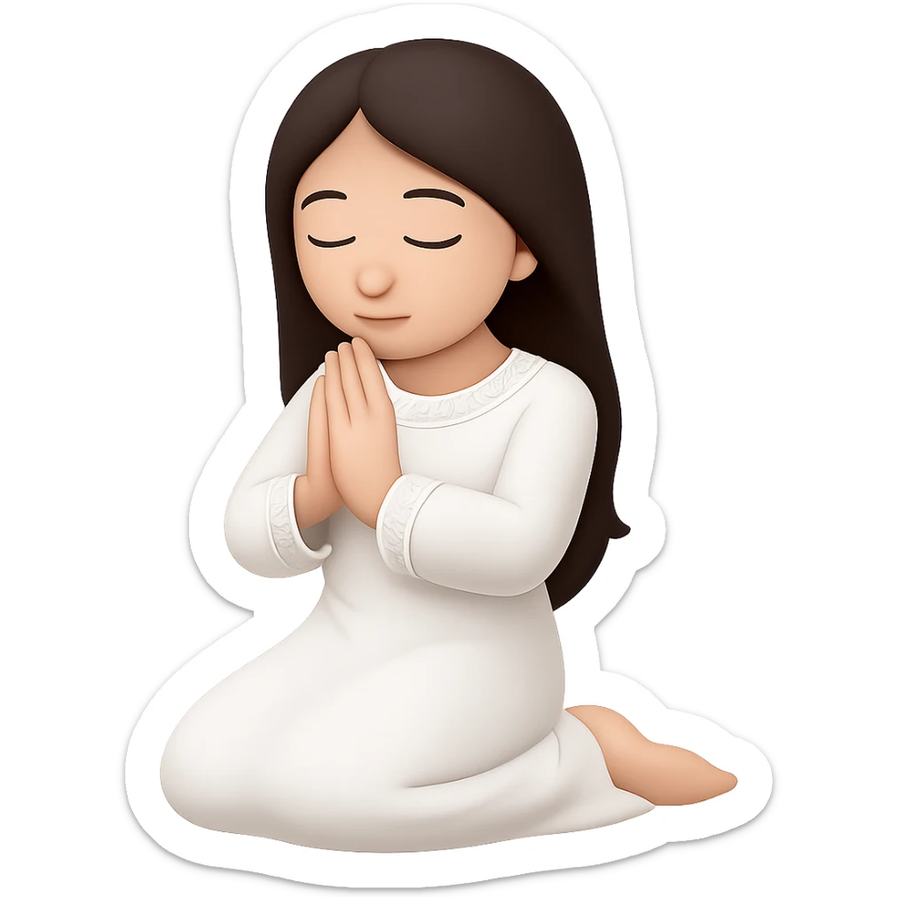 Change the dress to white robes, keep the woman kneeling and praying, long dark brown hair, in emoji style. Remove the background. sticker
